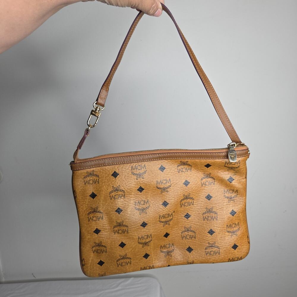 MCM Brown Coated Canvas Clutch Pouch Bag